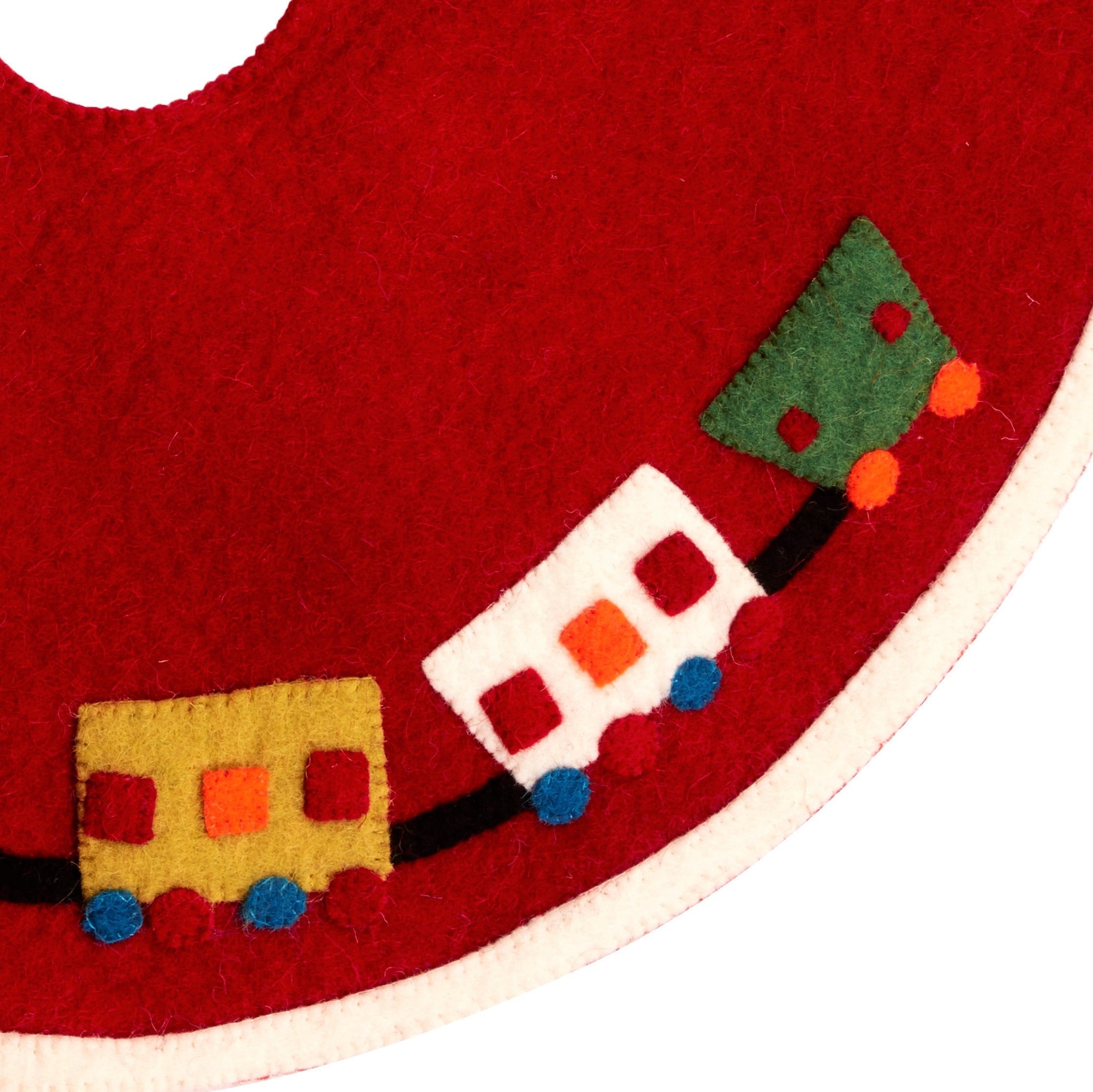 Mini Christmas Tree Skirt - Train On Red - In Hand Felted Wool - 26"