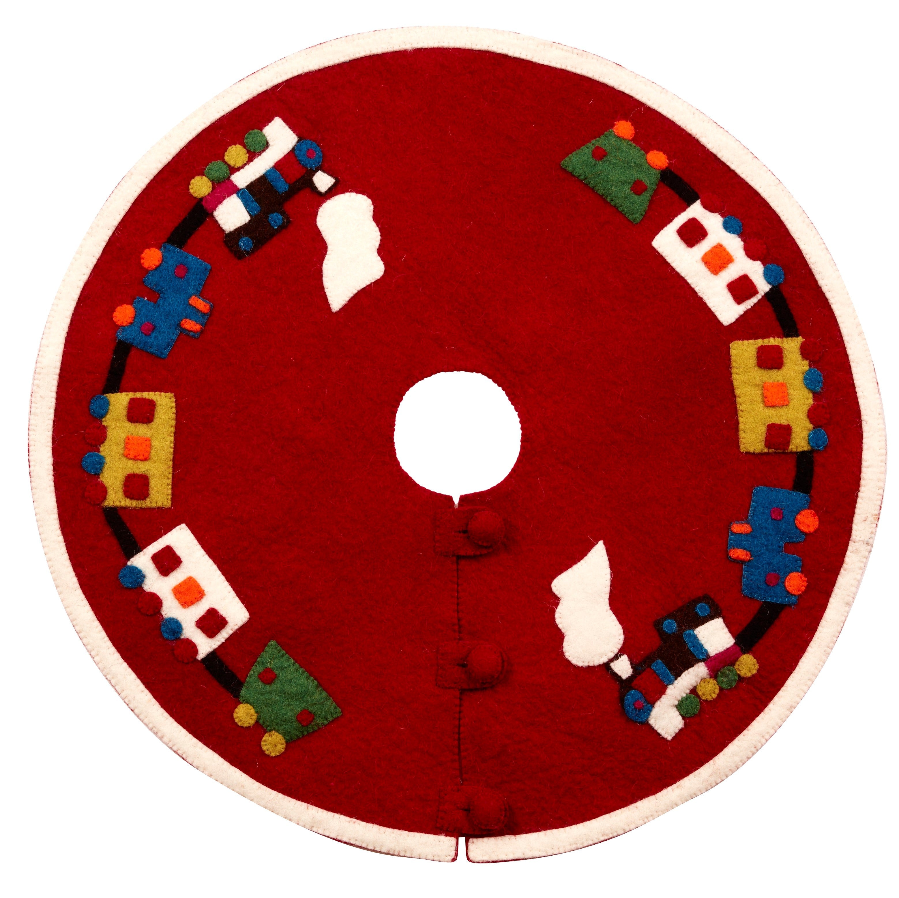 Mini Christmas Tree Skirt - Train On Red - In Hand Felted Wool - 26"