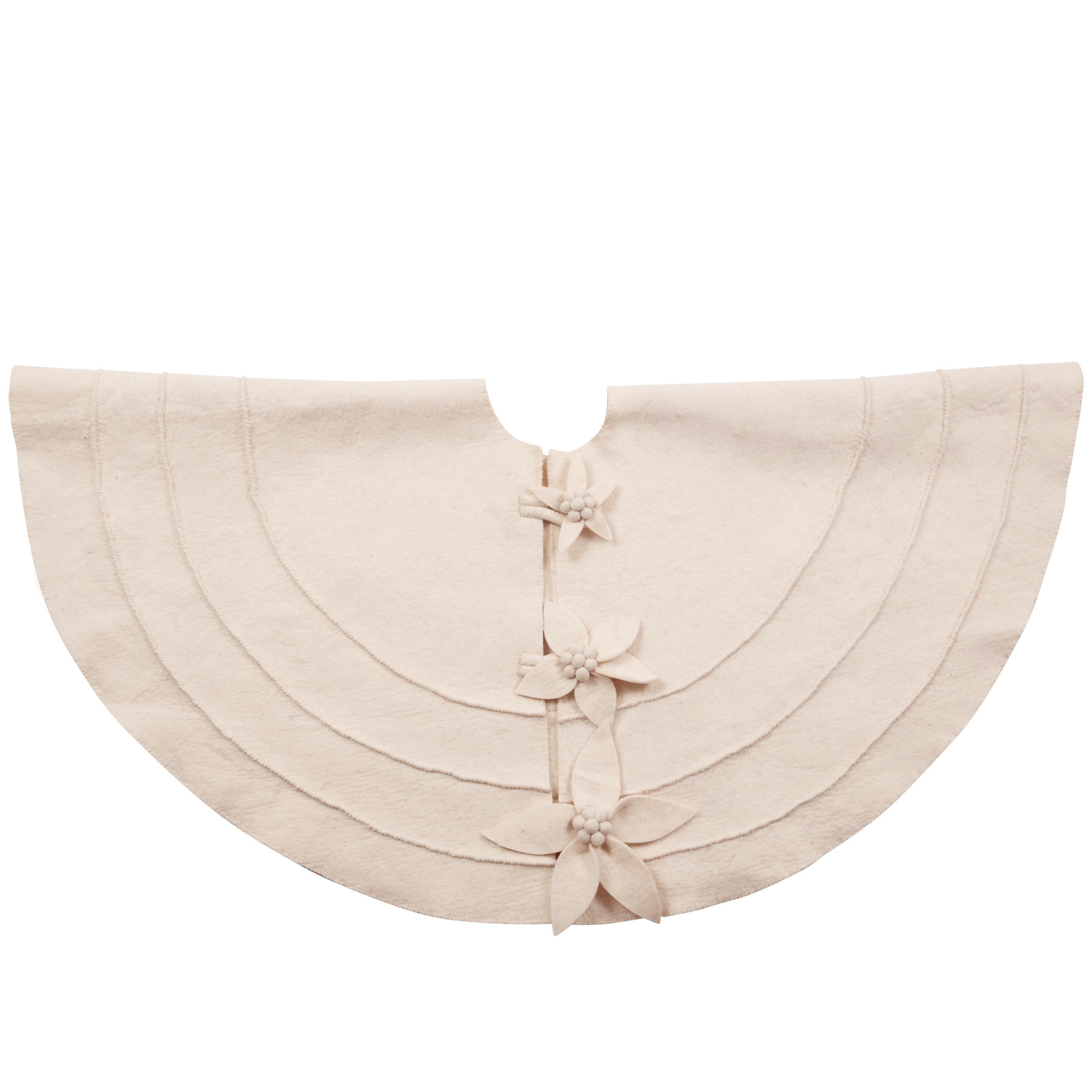 72"cream Poinsettia Buttons Christmas Tree Skirt In Hand Felted Wool