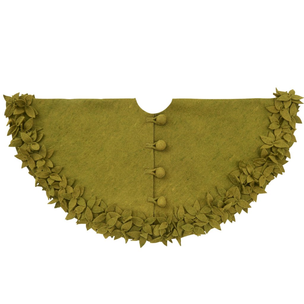 Hand Felted Wool Christmas Tree Skirt - Overlapping Flowers Border In Chartreuse Green - 64"