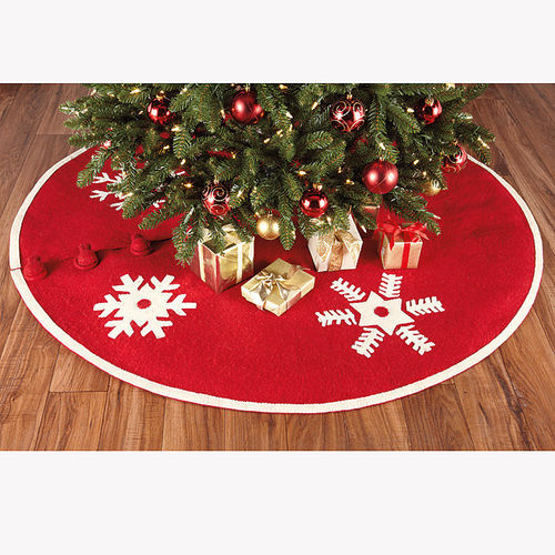 Handmade Christmas Tree Skirt In Felt - Snowflakes On Red  - 60"