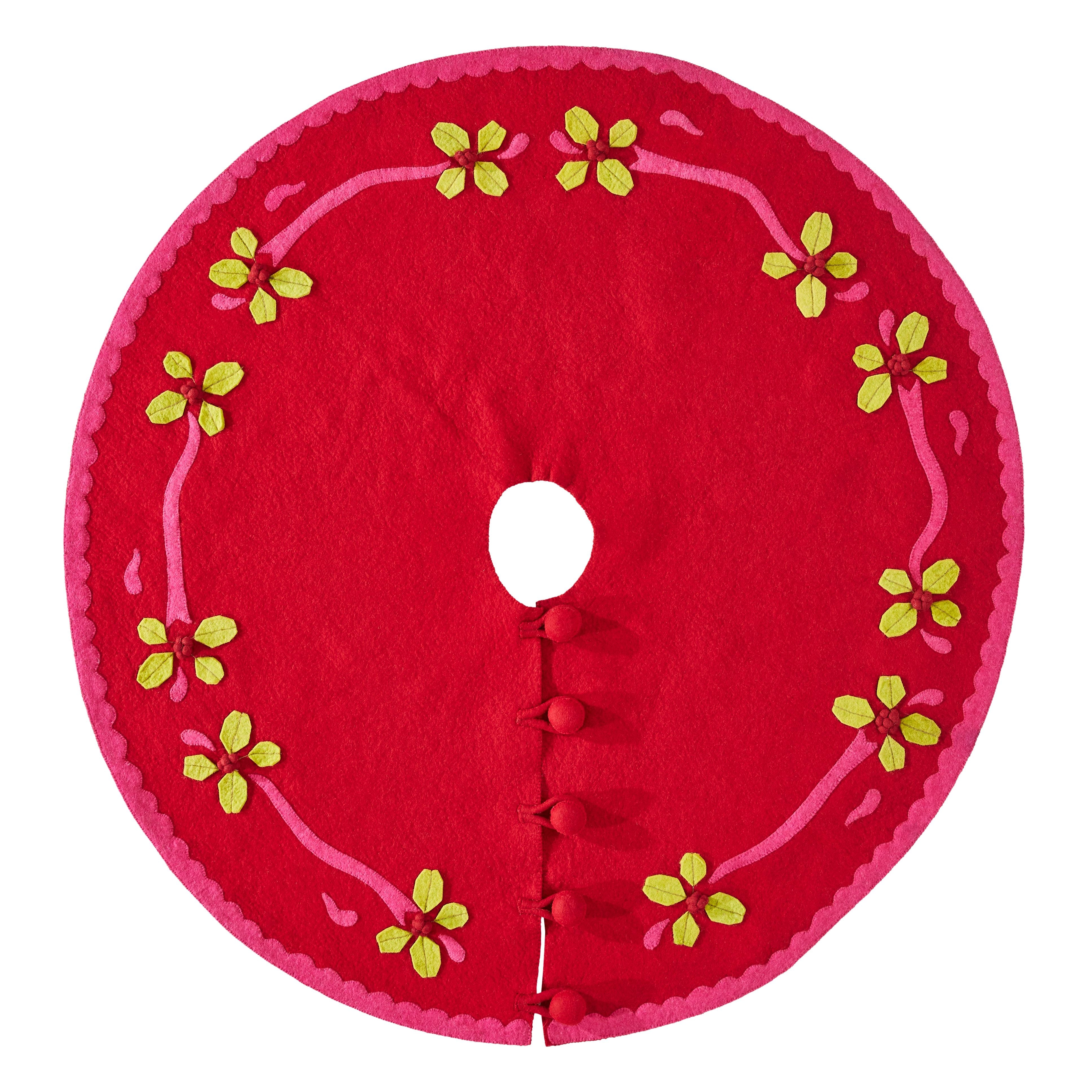 Handmade Christmas Tree Skirt In Felt - Berries On Red - 60"