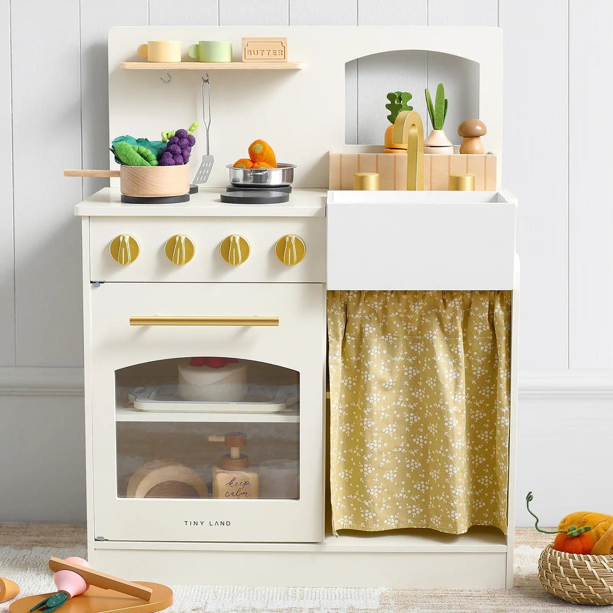 ® Wooden Play Kitchen For Toddlers - Honey Kitchenette Pretend Cooking Set