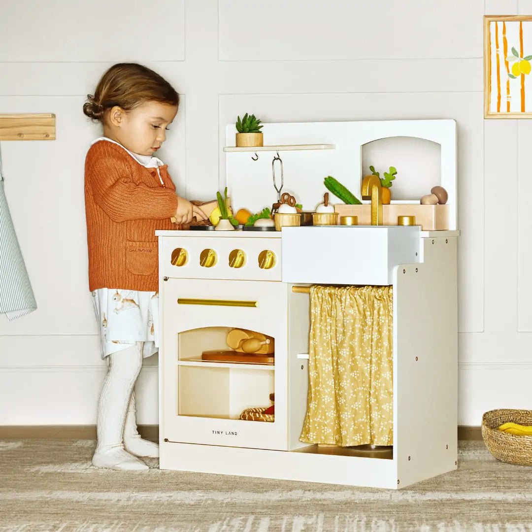 ® Wooden Play Kitchen For Toddlers - Honey Kitchenette Pretend Cooking Set