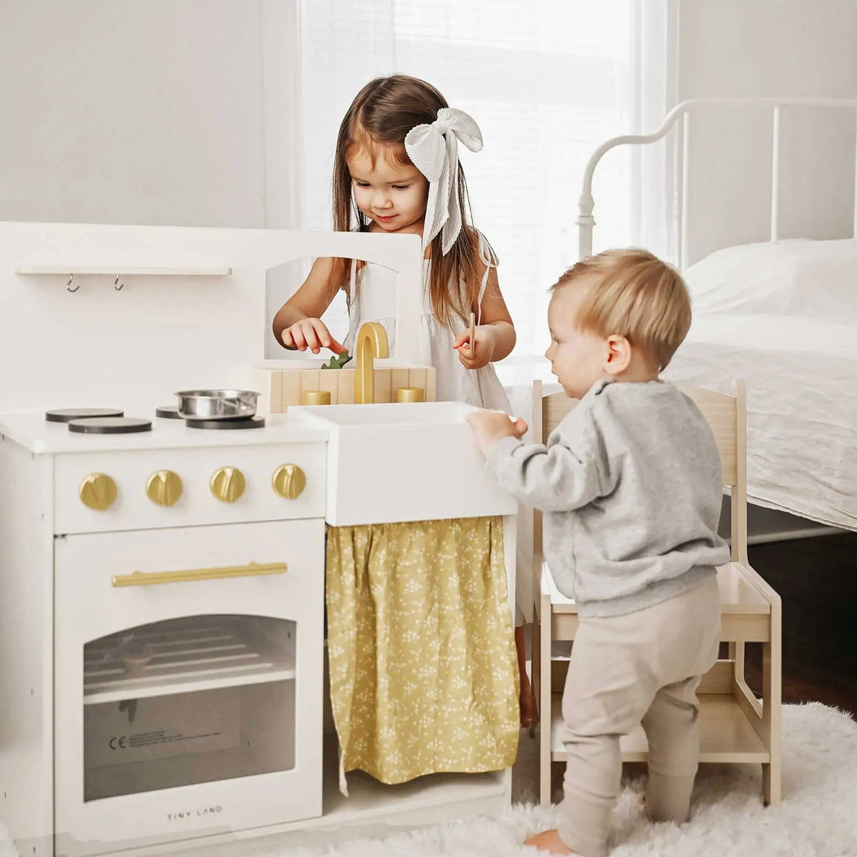 ® Wooden Play Kitchen For Toddlers - Honey Kitchenette Pretend Cooking Set