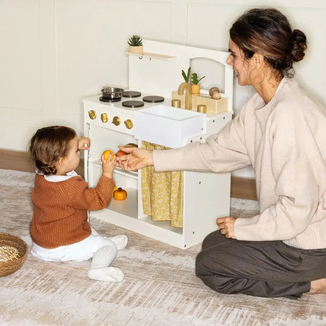 ® Wooden Play Kitchen For Toddlers - Honey Kitchenette Pretend Cooking Set