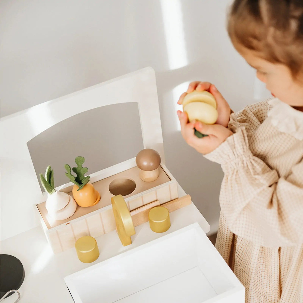 ® Wooden Play Kitchen For Toddlers - Honey Kitchenette Pretend Cooking Set