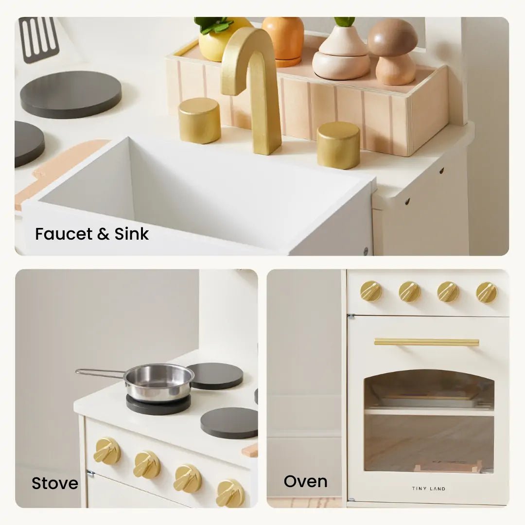 ® Wooden Play Kitchen For Toddlers - Honey Kitchenette Pretend Cooking Set