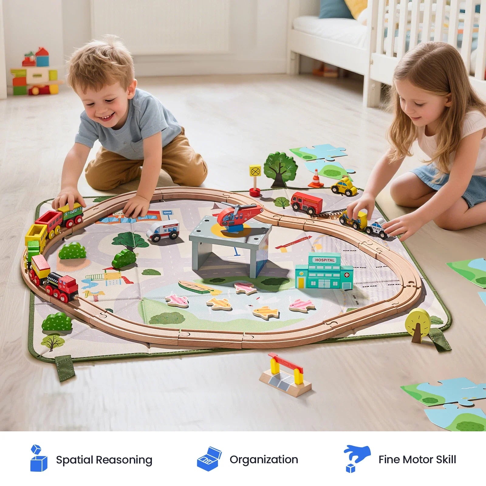 ® 110-piece Wooden Train Set With Folding Storage Box