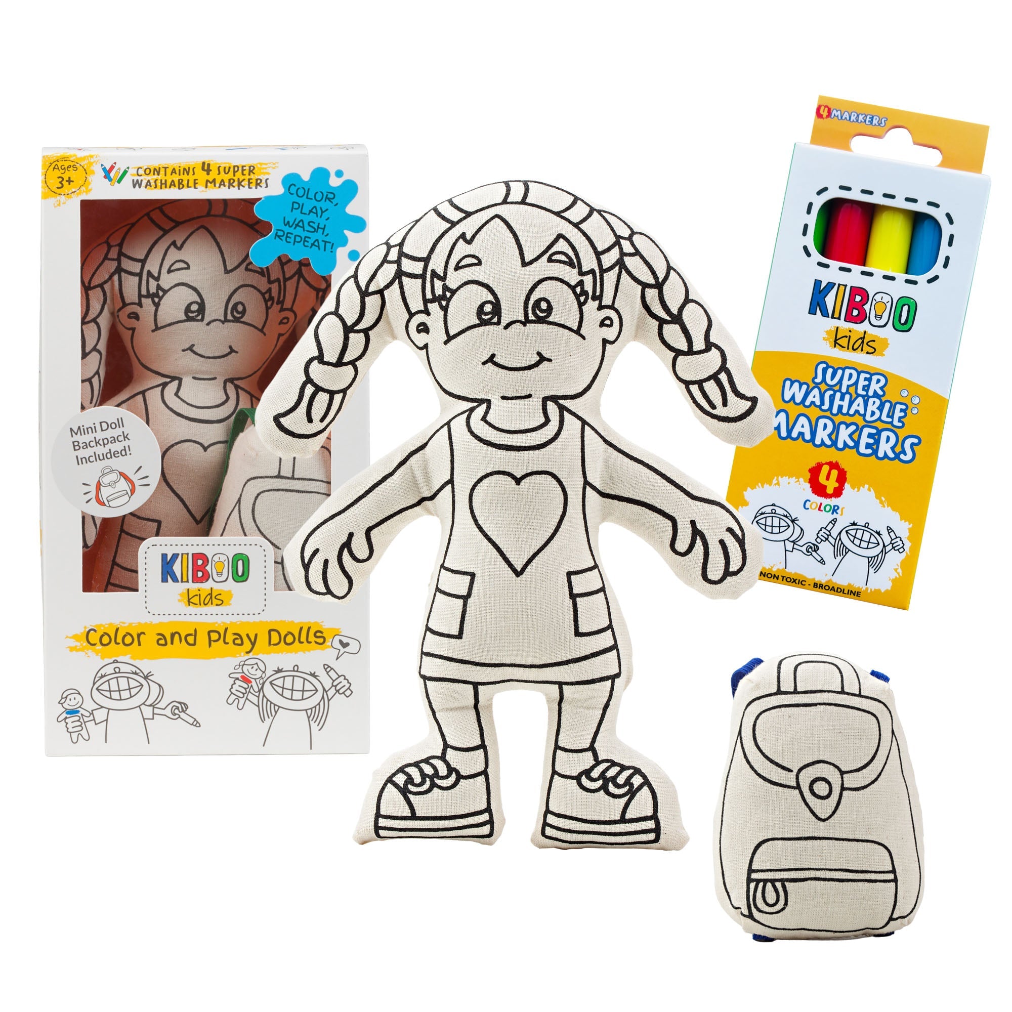 Kiboo Kids: Girl With Braids - Colorable And Washable Doll For Creative Play