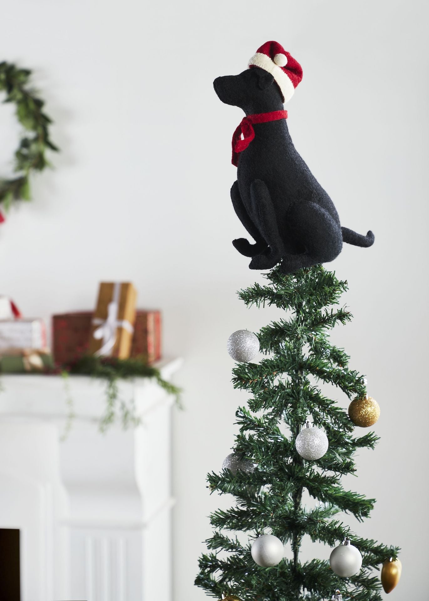 Black Lab With Santa Hat Christmas Tree Topper In Hand Felted Wool