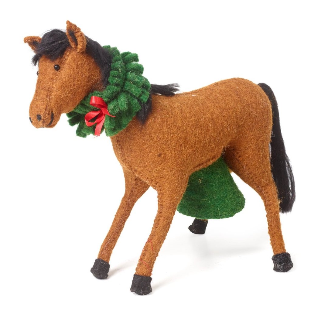 Handmade Hand Felted Wool Christmas Tree Topper - Horse With Wreath