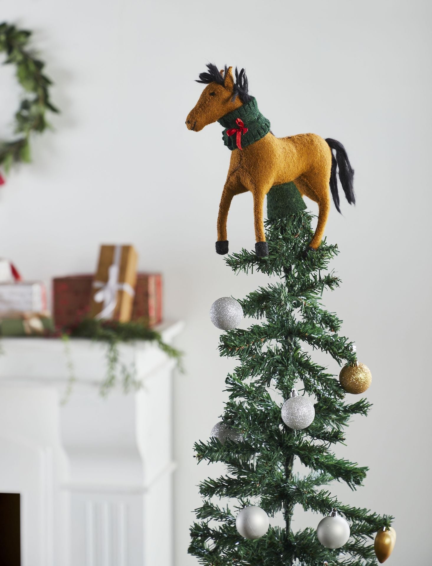 Handmade Hand Felted Wool Christmas Tree Topper - Horse With Wreath