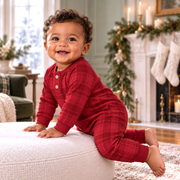 Red Plaid Baby Boy Henley Romper In Soft Cotton Rib