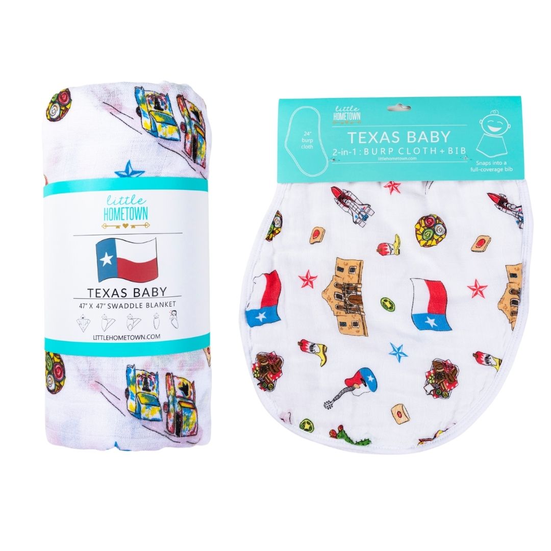Gift Set: Texas Baby Unisex Muslin Swaddle Blanket And Burp Cloth/bib Combo