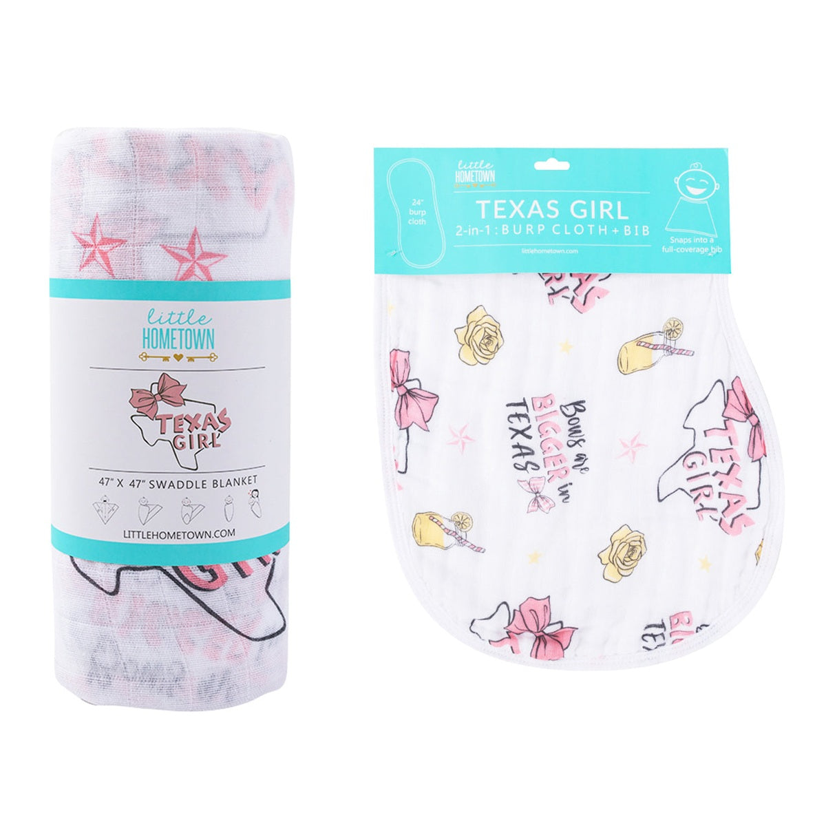 Gift Set: Texas Baby Girl Muslin Swaddle Blanket And Burp Cloth/bib Combo