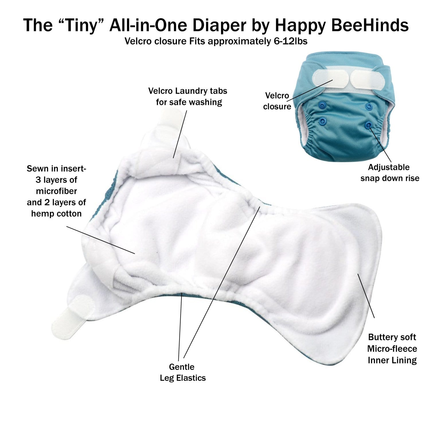 The "tiny" Newborn All In One Hook & Loop By Happy Beehinds