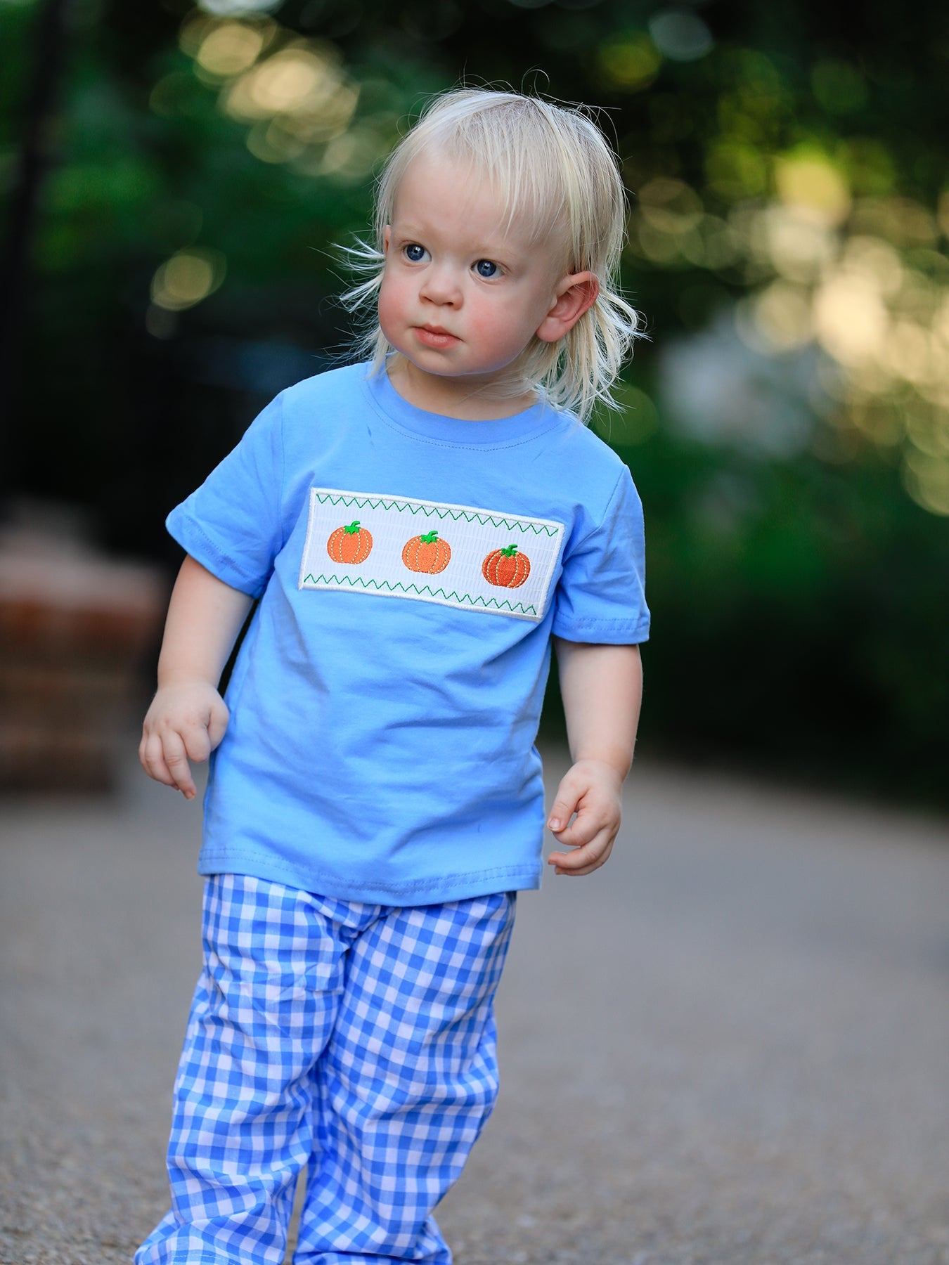 Fall Thanksgiving& Halloween Blue Pumpkin Smock Embroidery Baby Boy'set