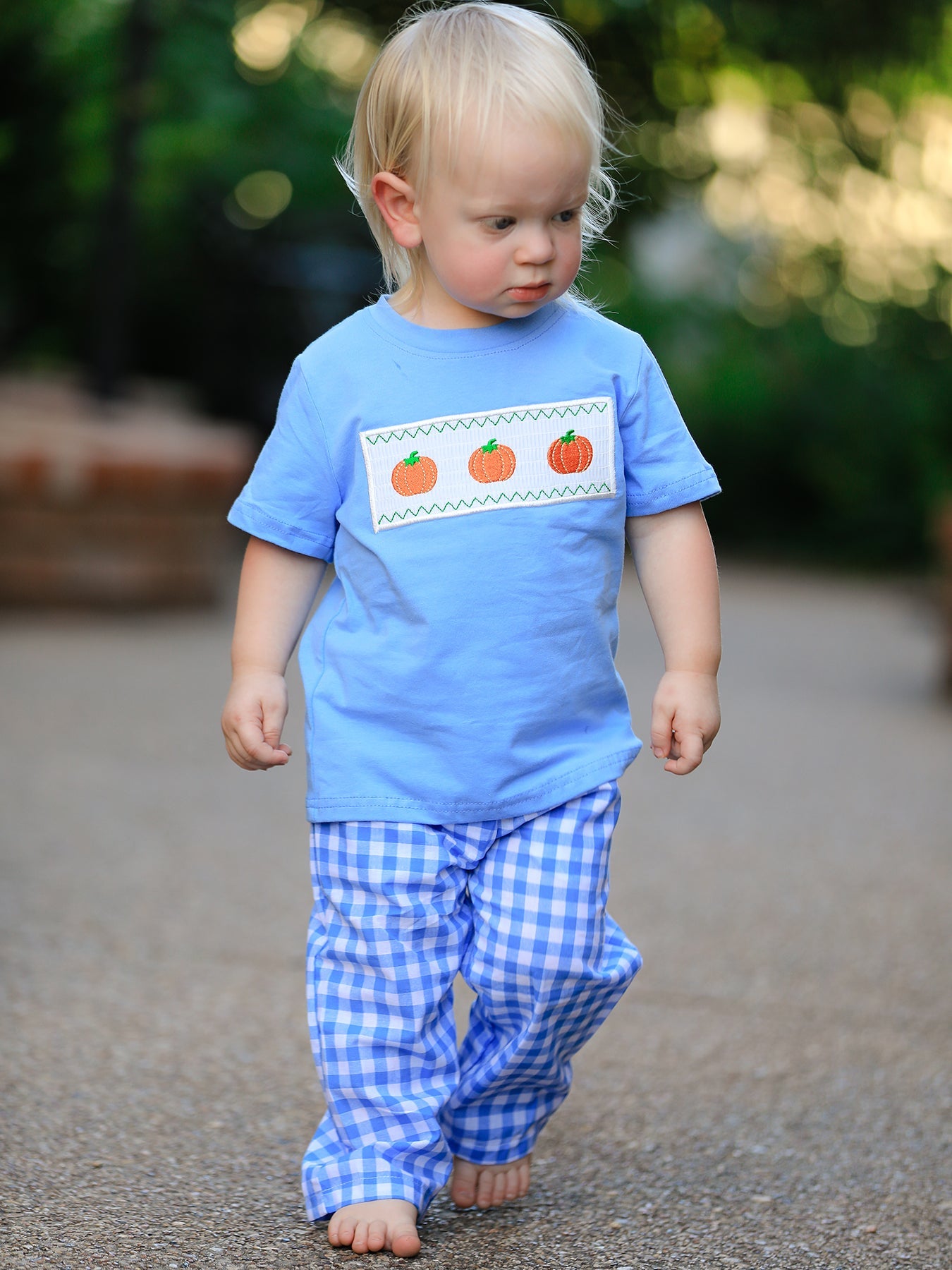 Fall Thanksgiving& Halloween Blue Pumpkin Smock Embroidery Baby Boy'set