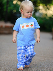 Fall Thanksgiving& Halloween Blue Pumpkin Smock Embroidery Baby Boy'set