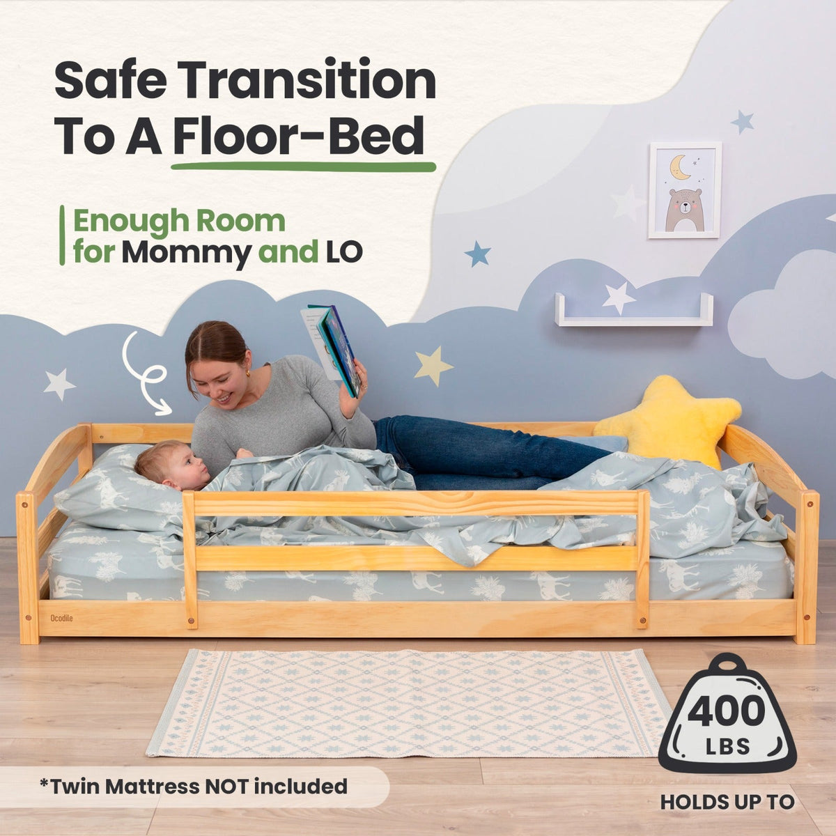 Twin Floor Bed With Safety Guardrails For Kids - Montessori Inspired