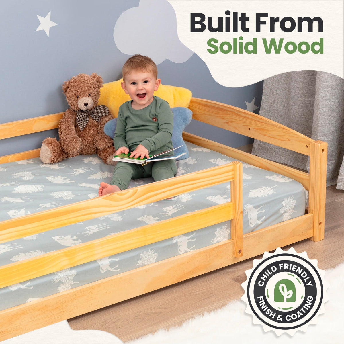 Twin Floor Bed With Safety Guardrails For Kids - Montessori Inspired