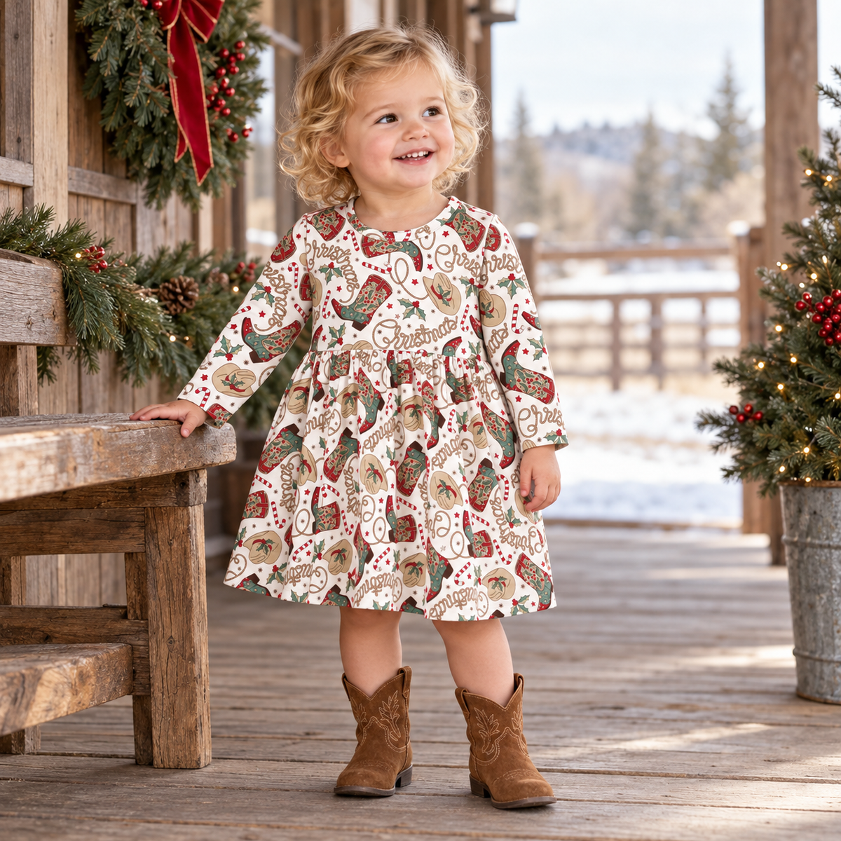 Western Christmas Girls Dress – Soft Bamboo Holiday Style