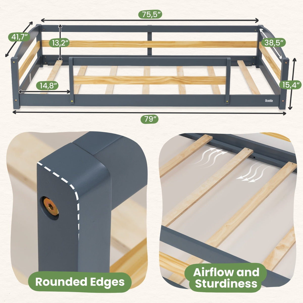 Twin Floor Bed With Safety Guardrails For Kids - Montessori Inspired