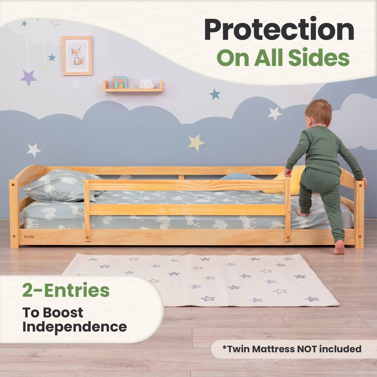 Twin Floor Bed With Safety Guardrails For Kids - Montessori Inspired