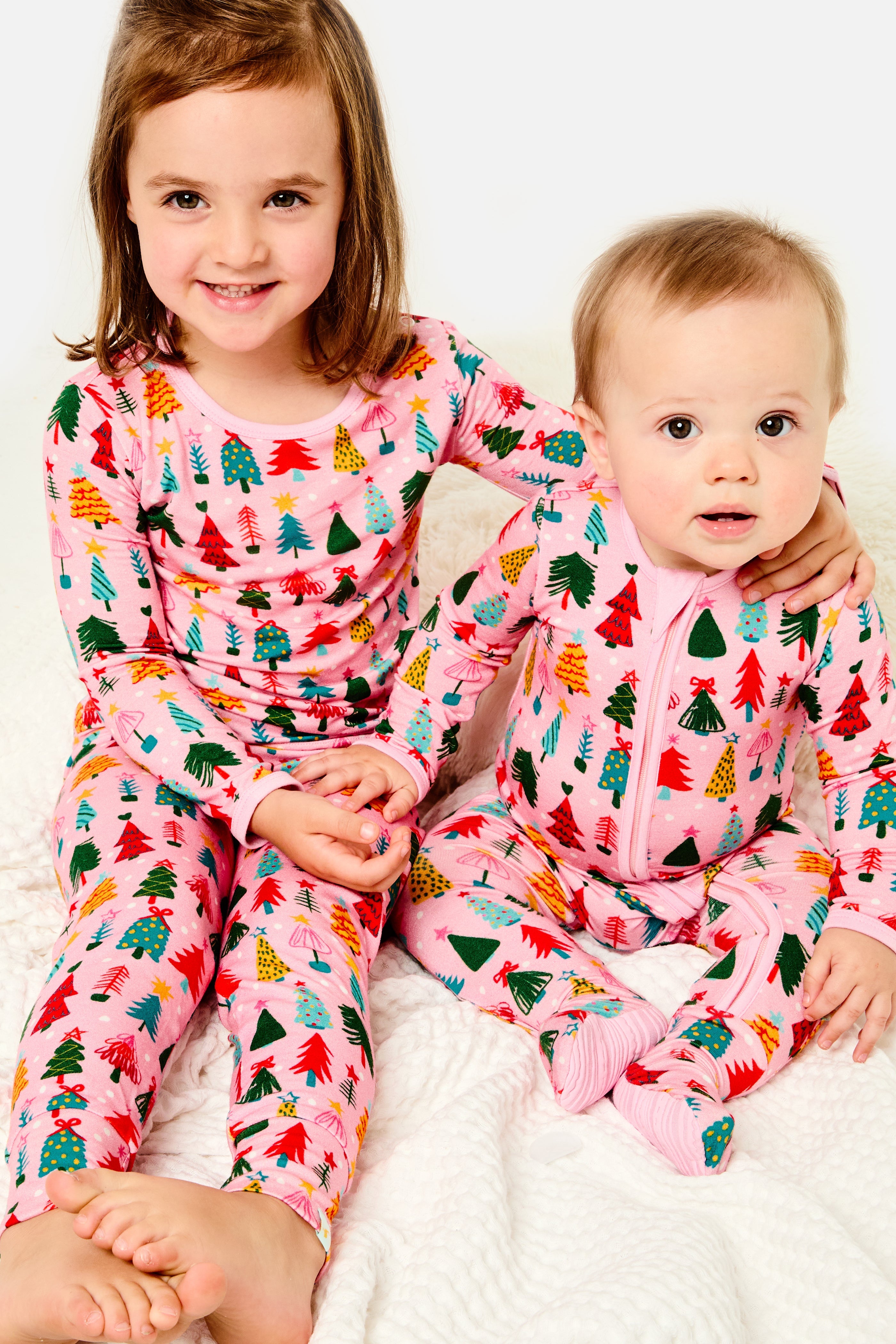 Soft & Stretchy Zipper Footie - Christmas Trees Pink