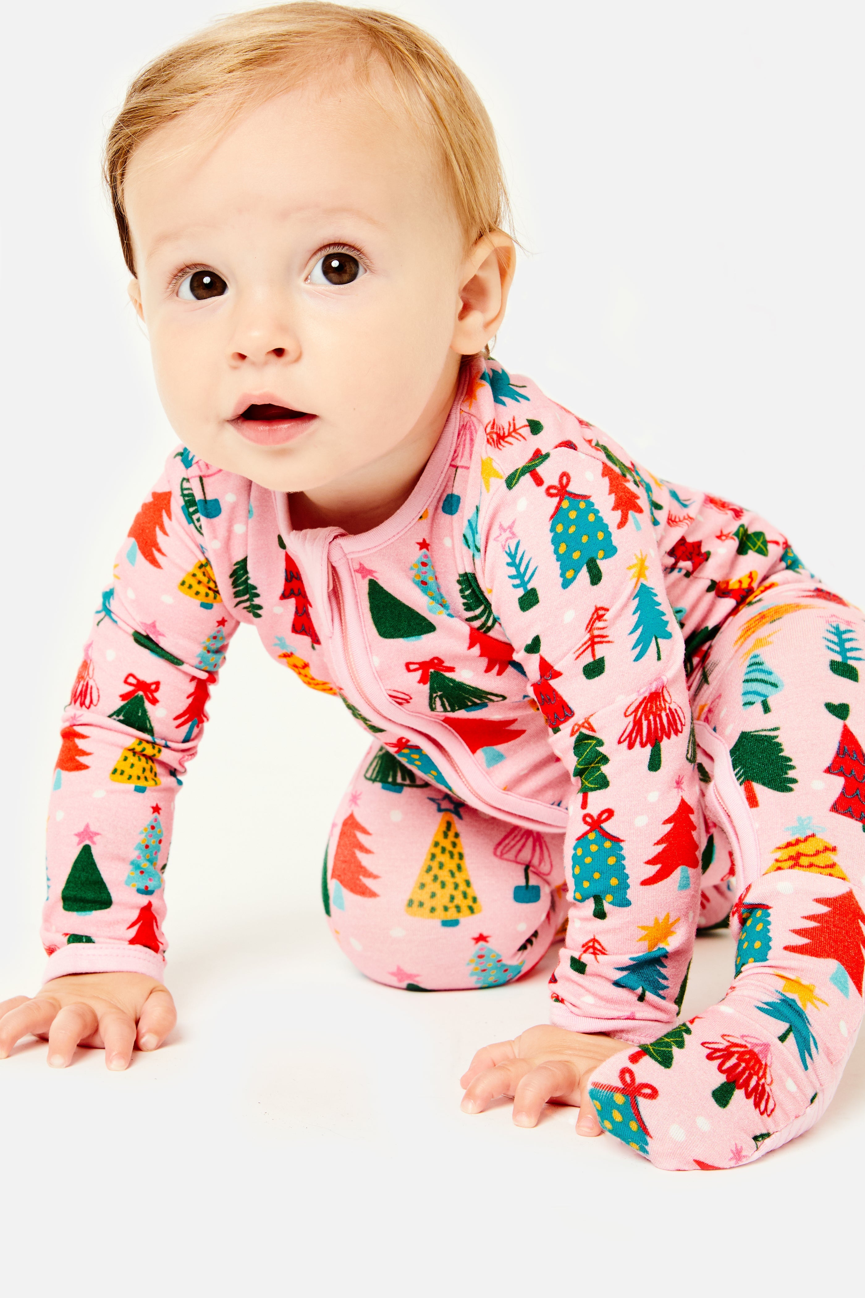 Soft & Stretchy Zipper Footie - Christmas Trees Pink