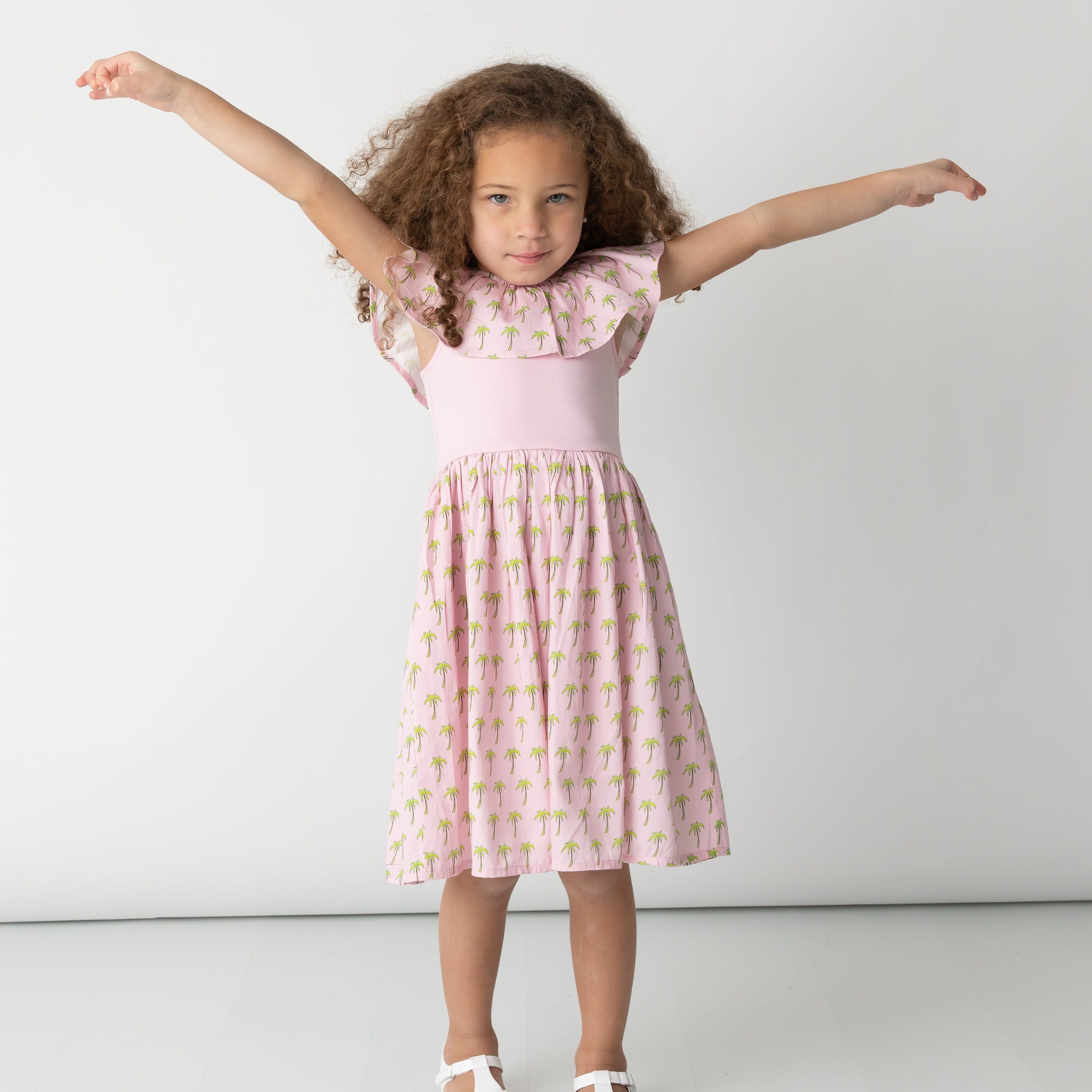 Pink Palms Mixed Fabric Ruffle Dress