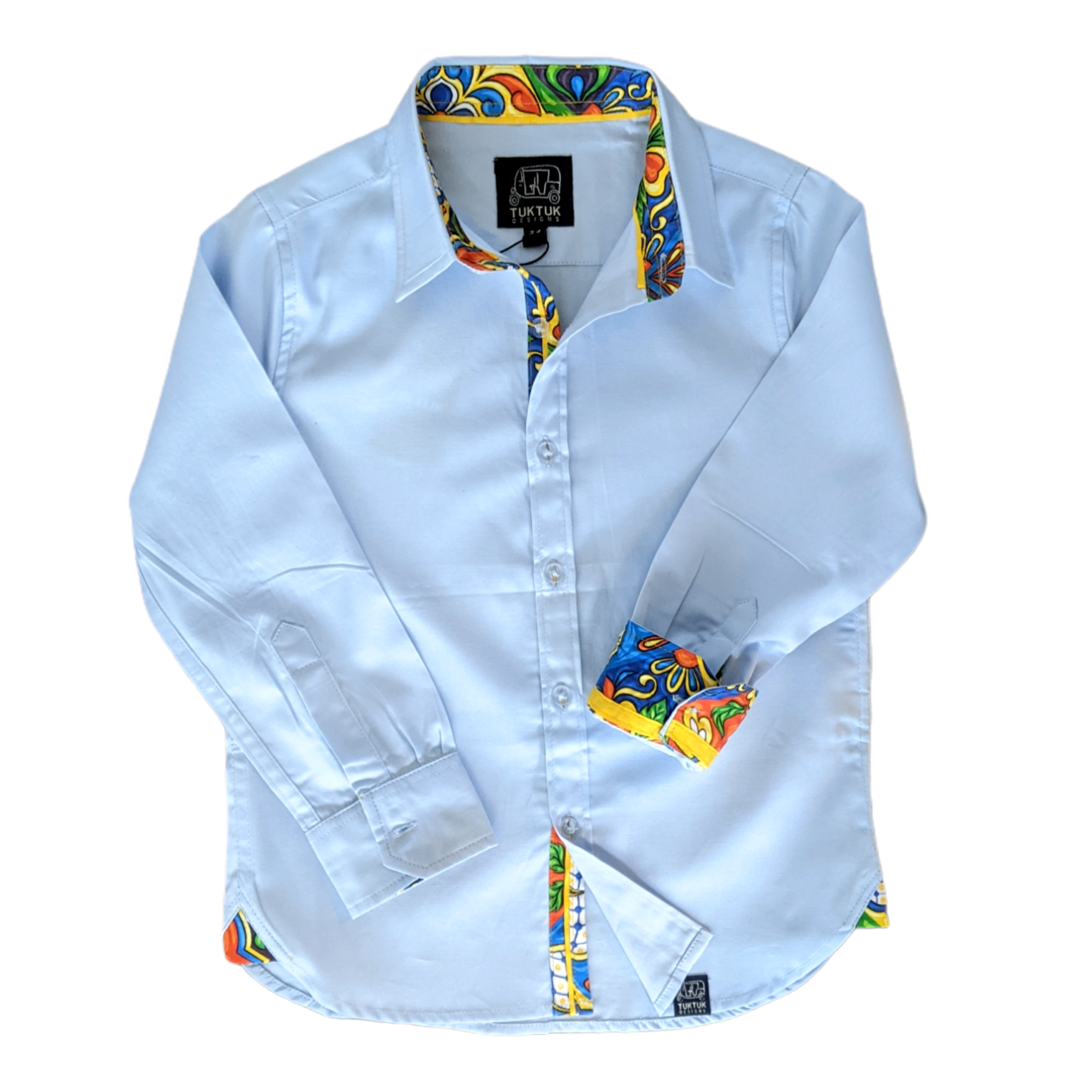 Blue Shirt With Majolica Trim In Long Sleeves