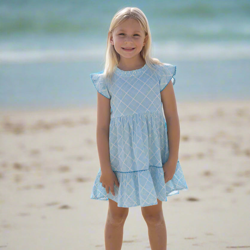 Geometric Blue Ruffle Dress