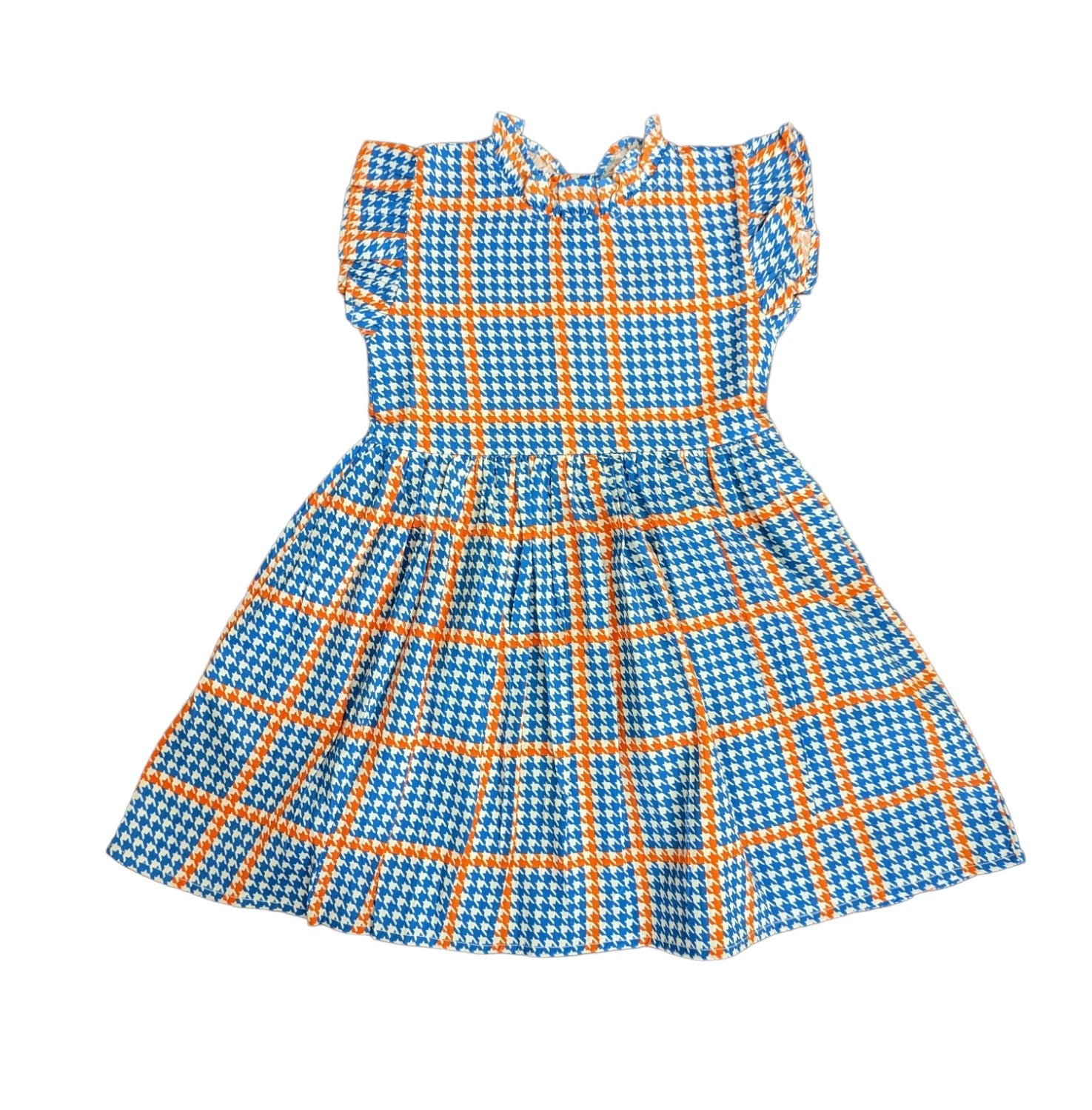 Houndstooth In Orange - Blue Ruffle Dress