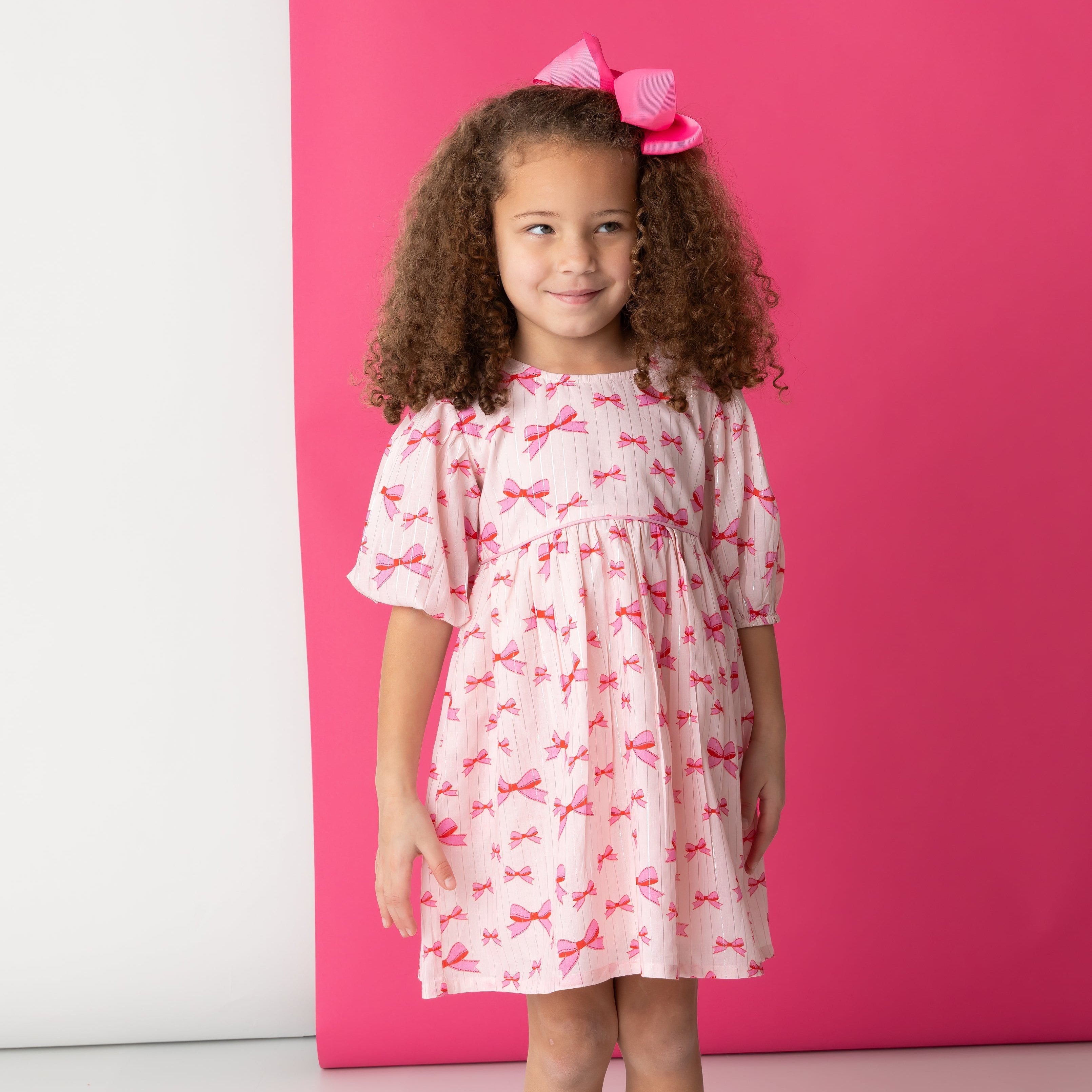 Pink Bows Puff Sleeve Dress In Lurex