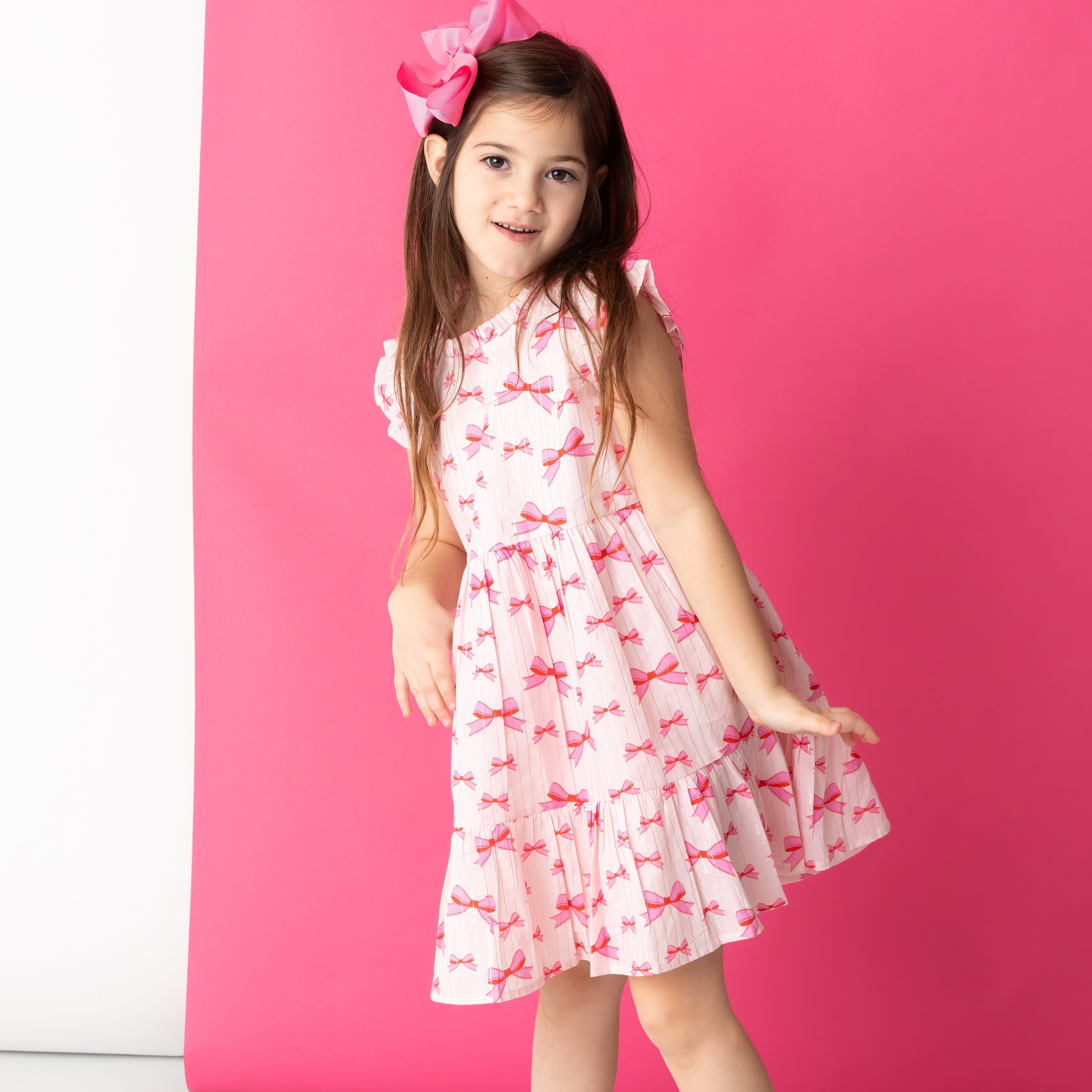 Pink Bows Ruffle Dress In Lurex