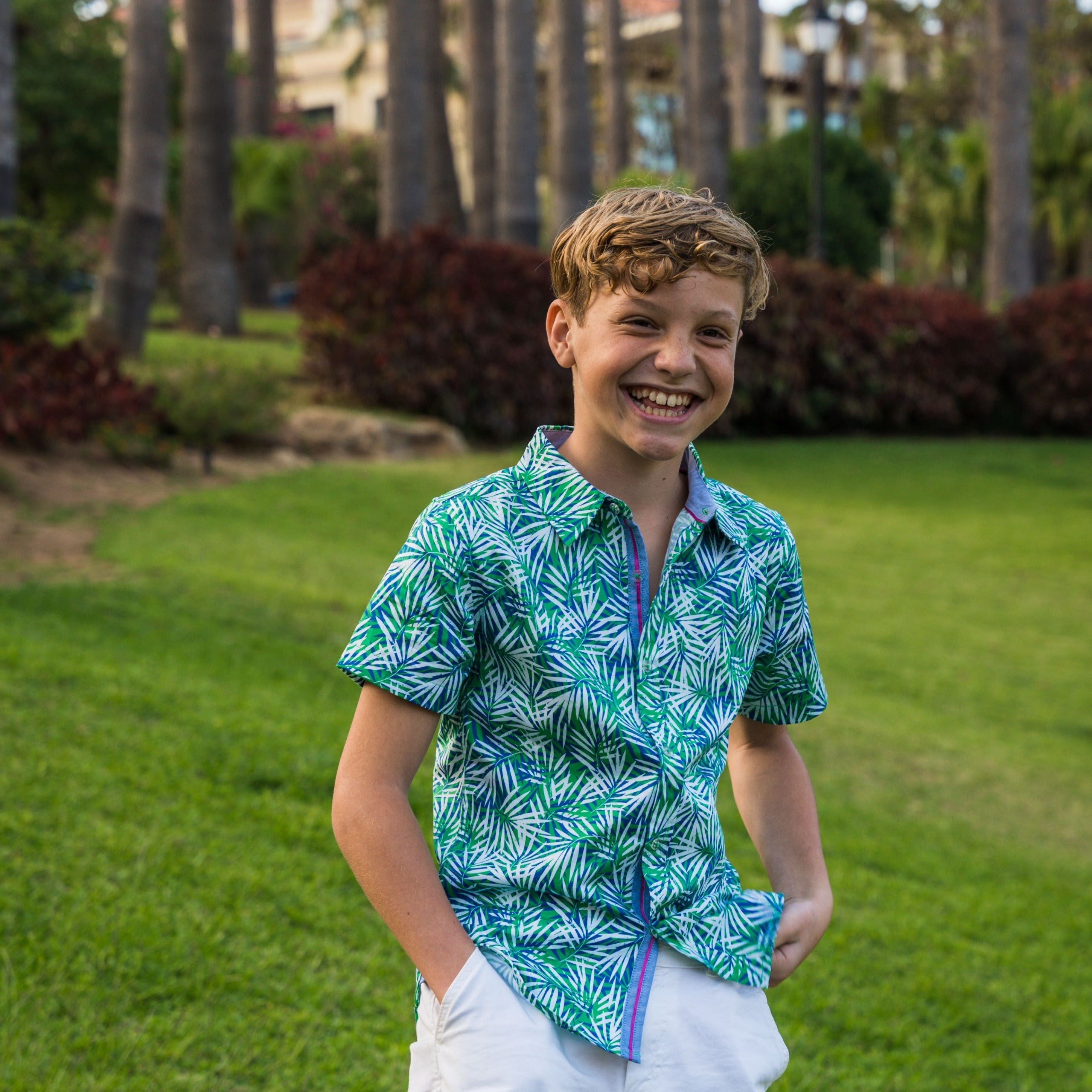 Tropical Palms Blue-green Shirt In Short Sleeves