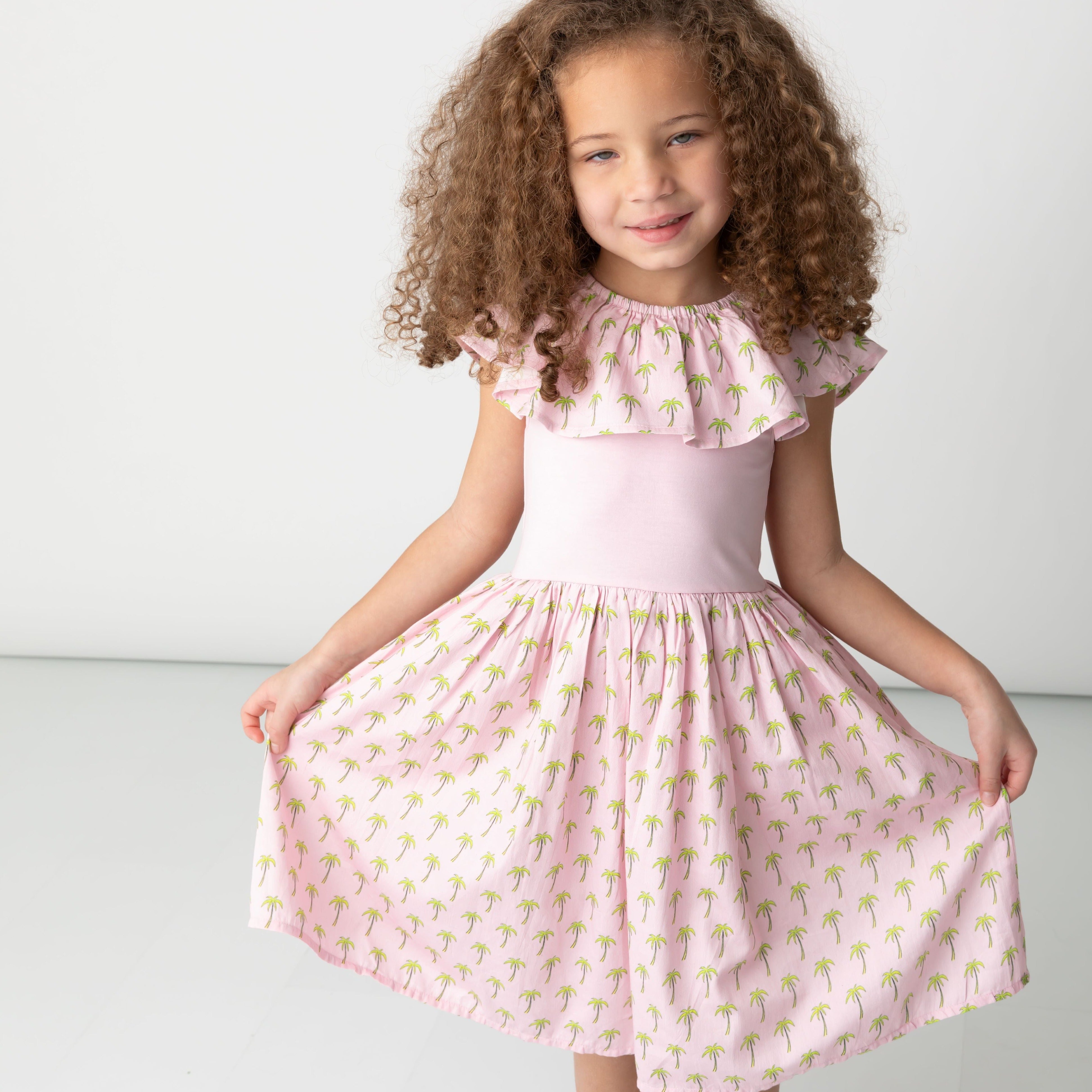 Pink Palms Mixed Fabric Ruffle Dress