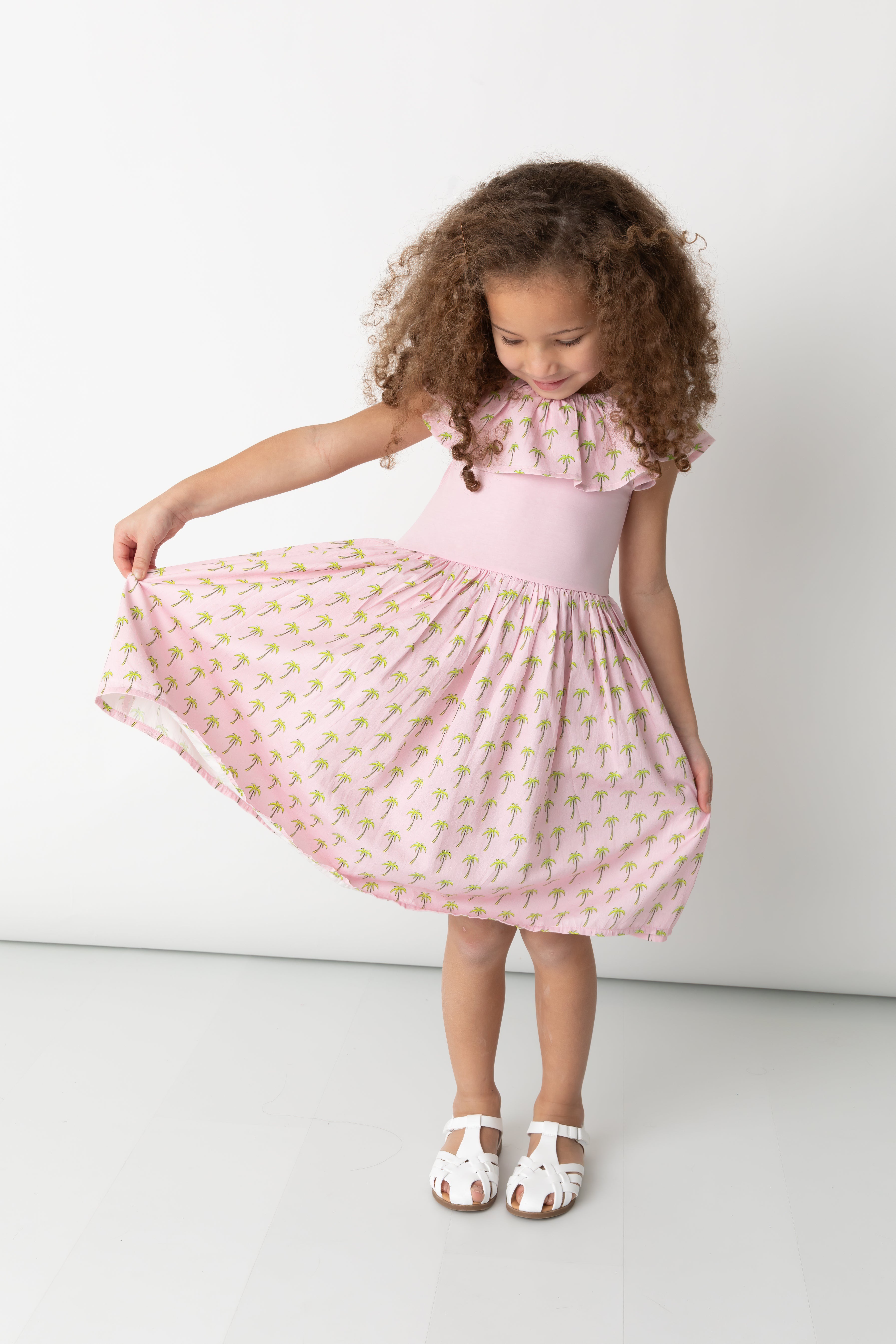 Pink Palms Mixed Fabric Ruffle Dress