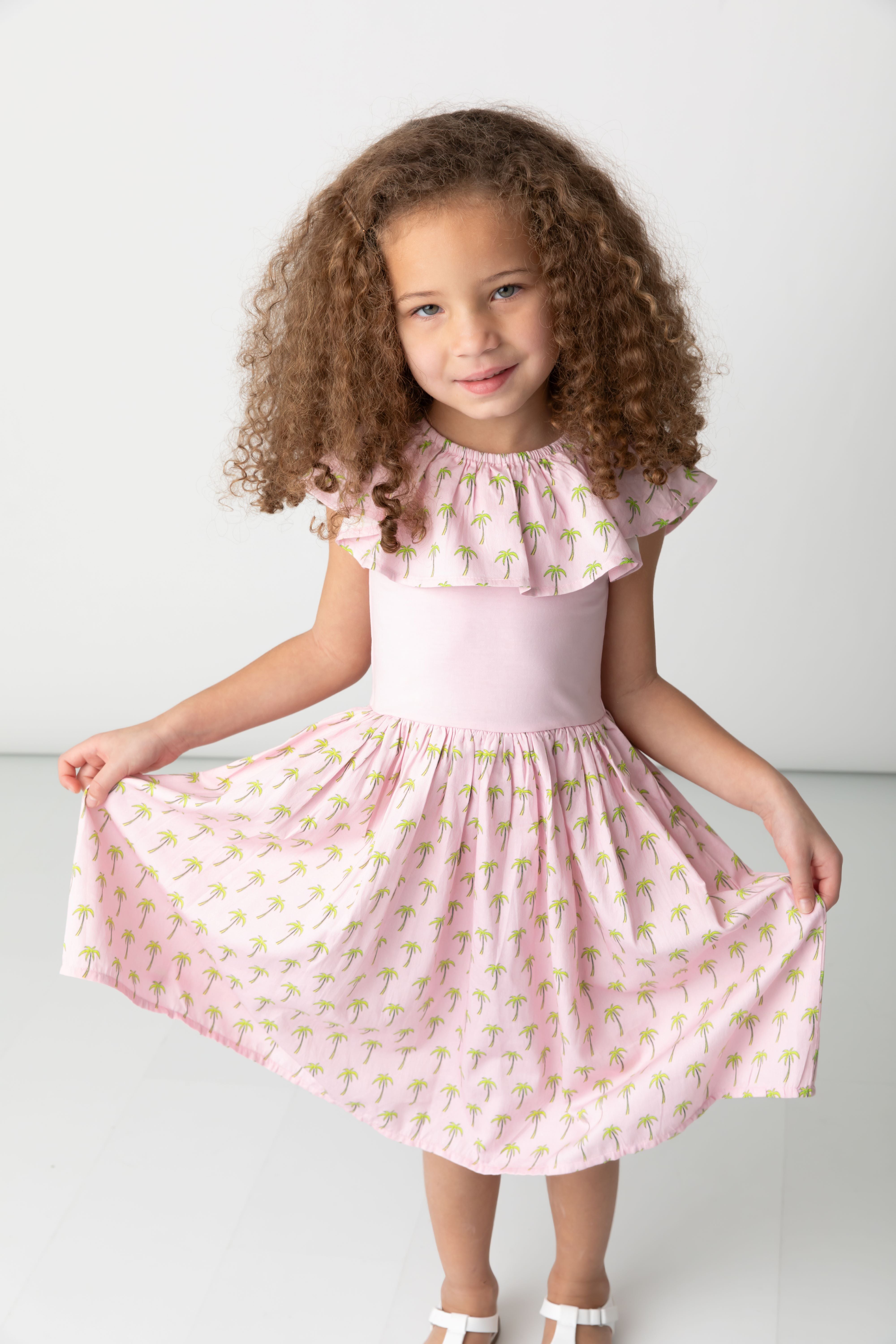 Pink Palms Mixed Fabric Ruffle Dress