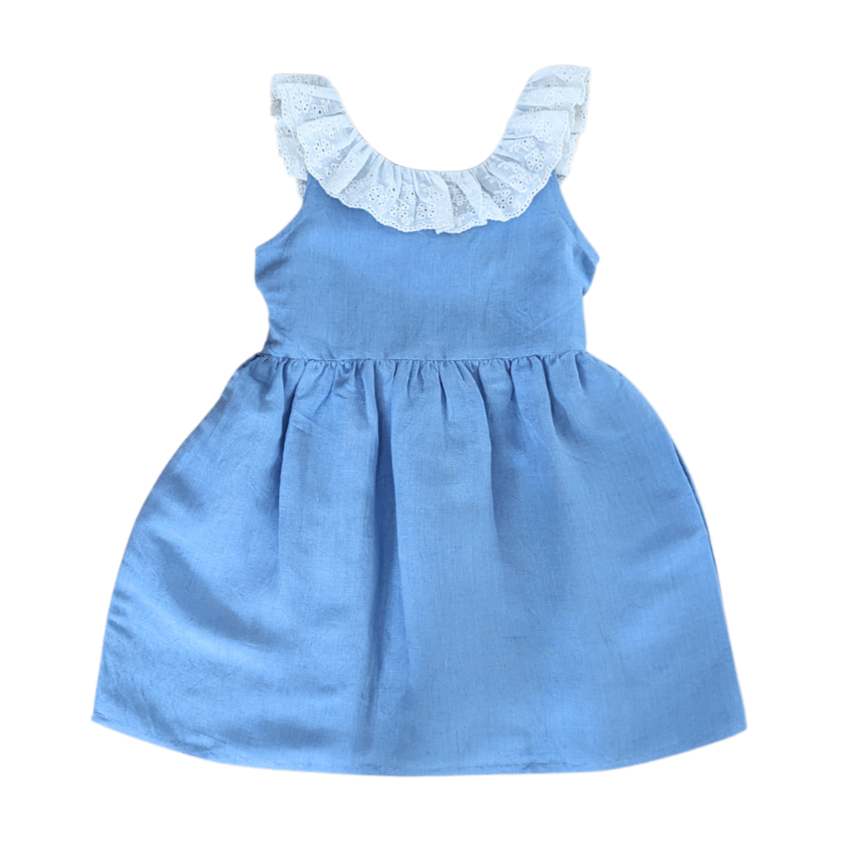 Blue Linen Lace Collar Dress