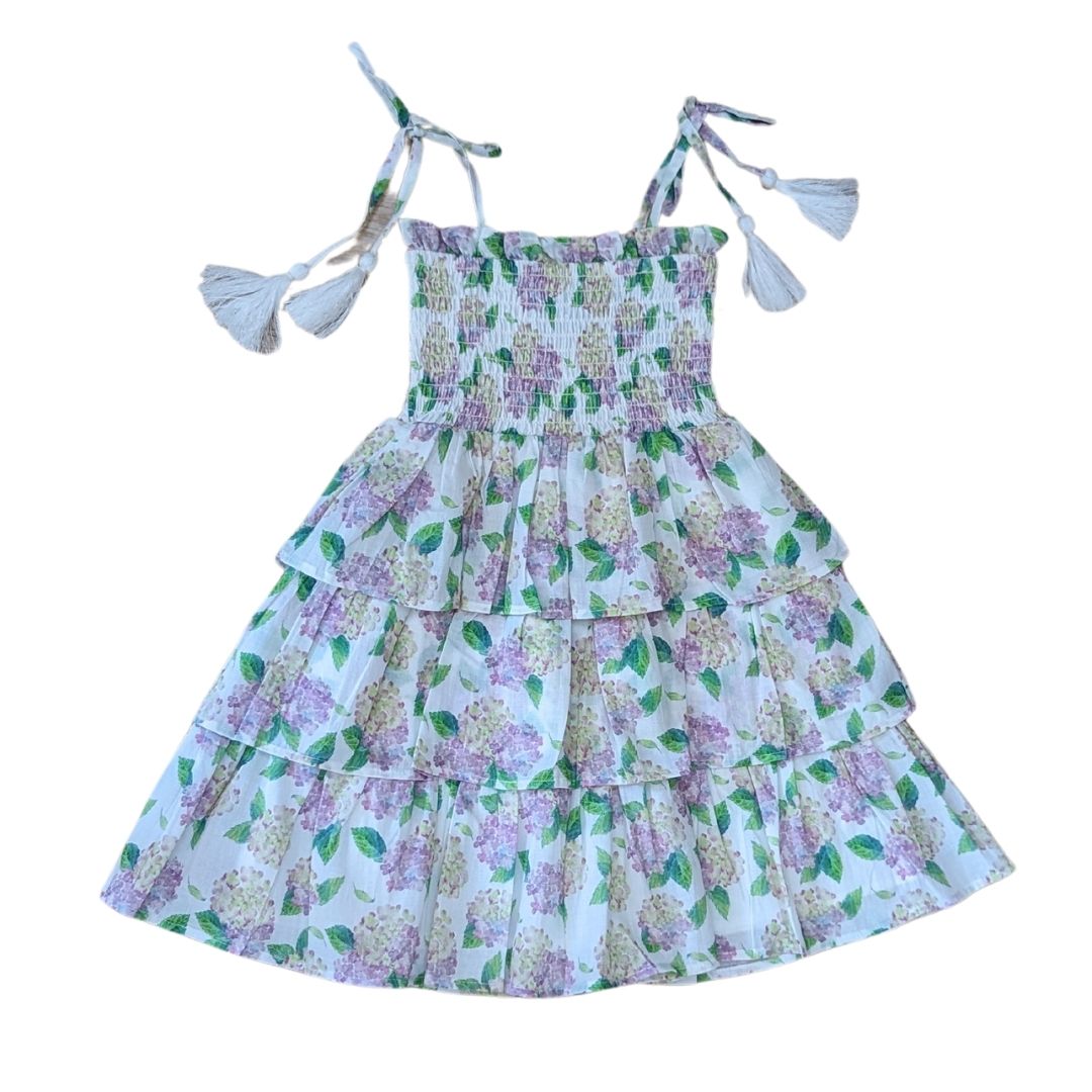Smock Bodice Tiered Dress Hydrangeas
