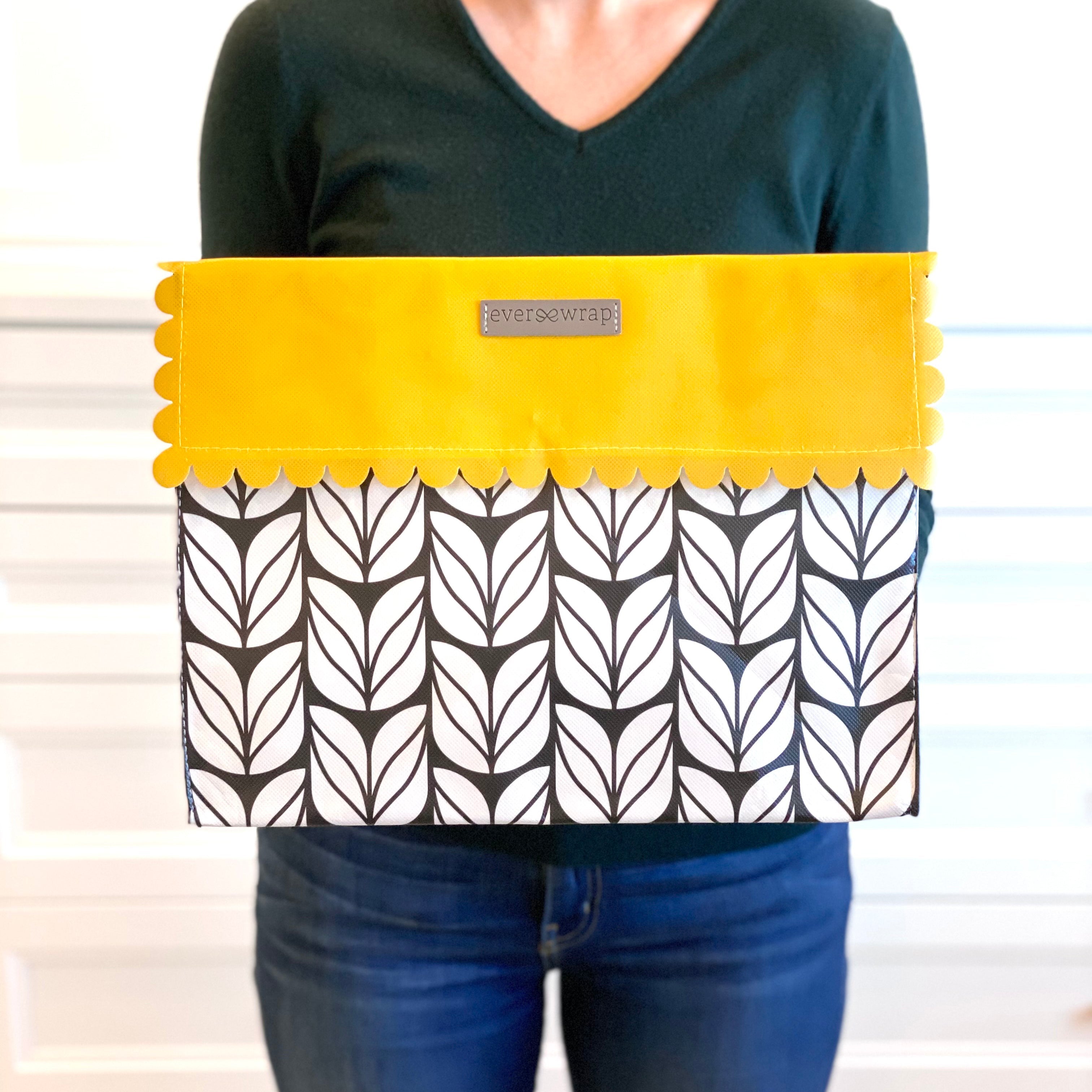 Everenvelope: Medium Black, White, & Marigold Reusable Gift Bag With Magnetic Closure (reusable Gift Wrap Bags – Sustainable, Foldable, Eco-friendly)