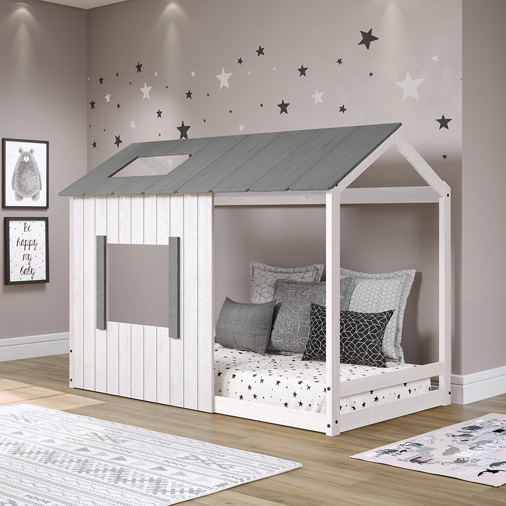 P'kolino Kid's House Twin Floor Bed - White Wall & Frame with Grey Roof