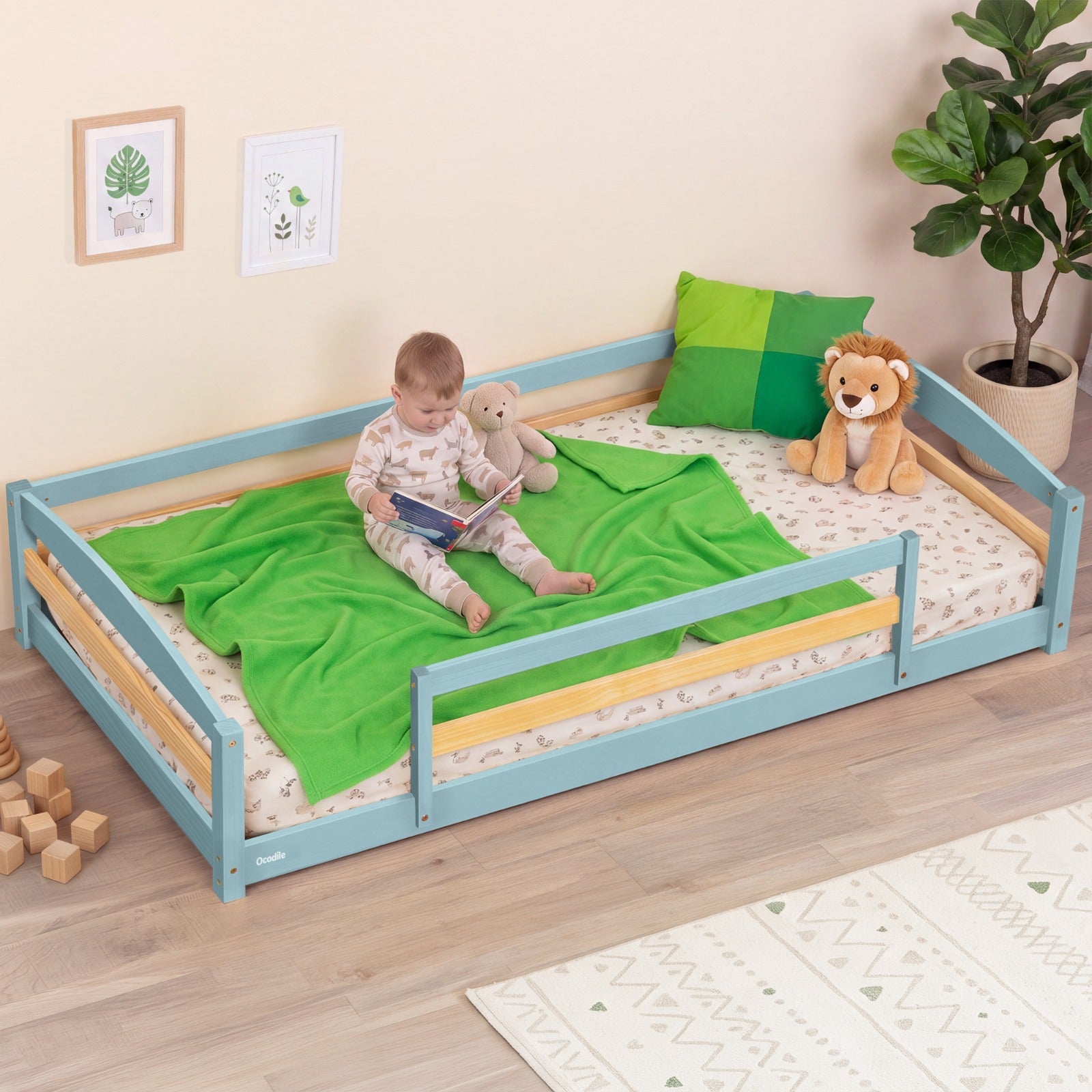 Twin Floor Bed With Safety Guardrails For Kids - Montessori Inspired