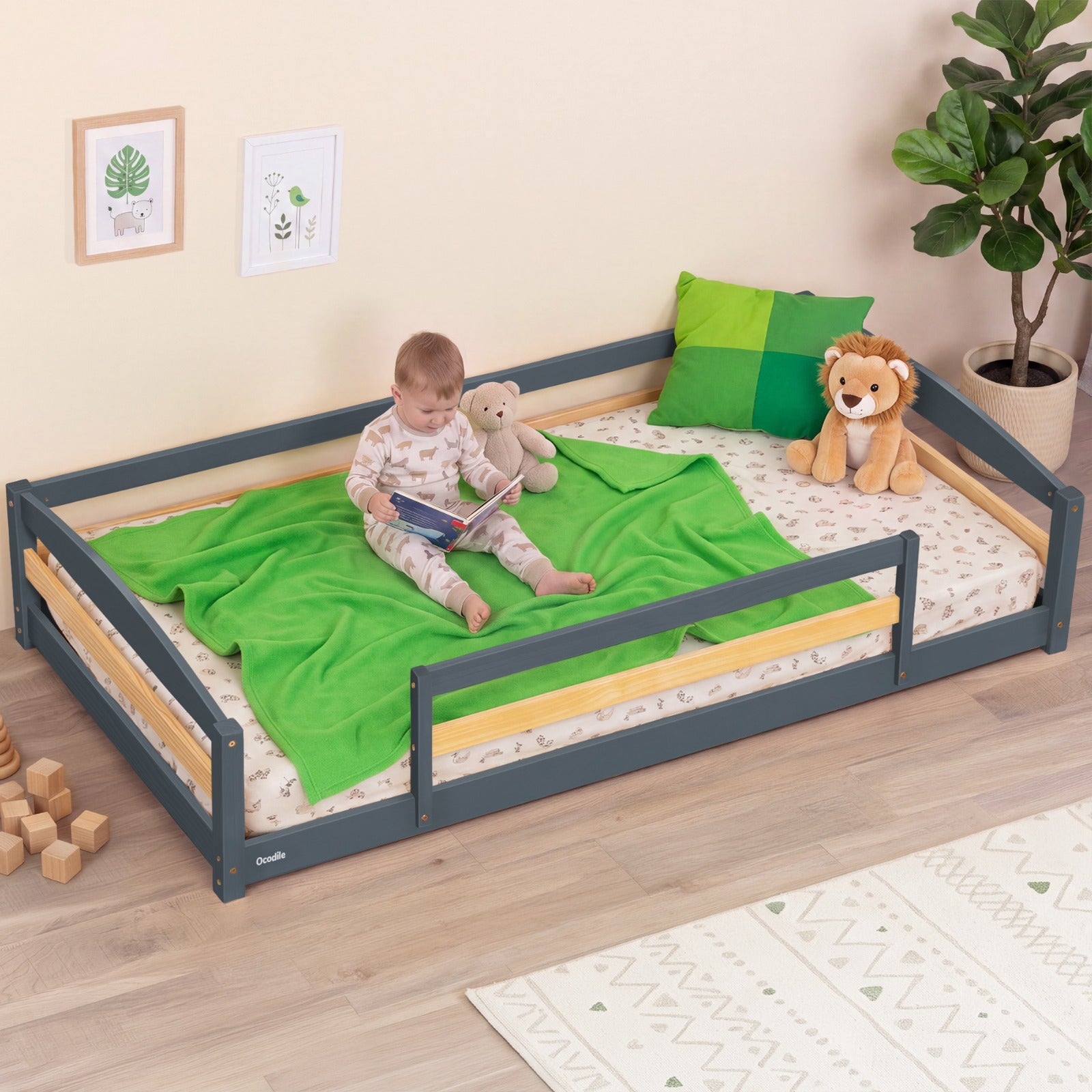 Twin Floor Bed With Safety Guardrails For Kids - Montessori Inspired