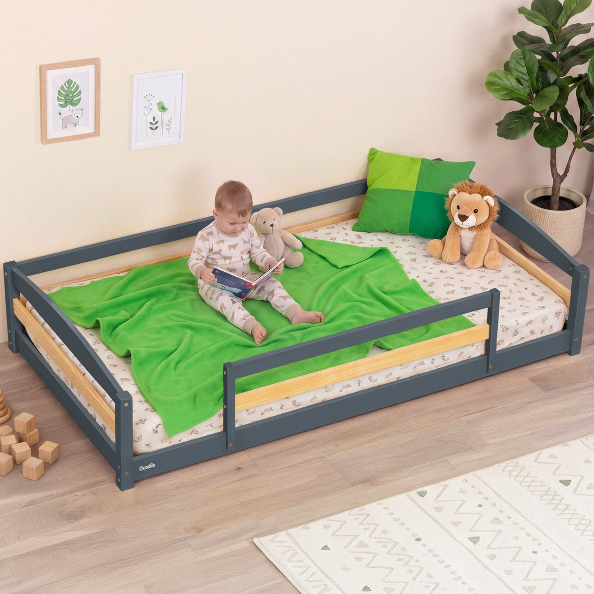 Twin Floor Bed With Safety Guardrails For Kids - Montessori Inspired