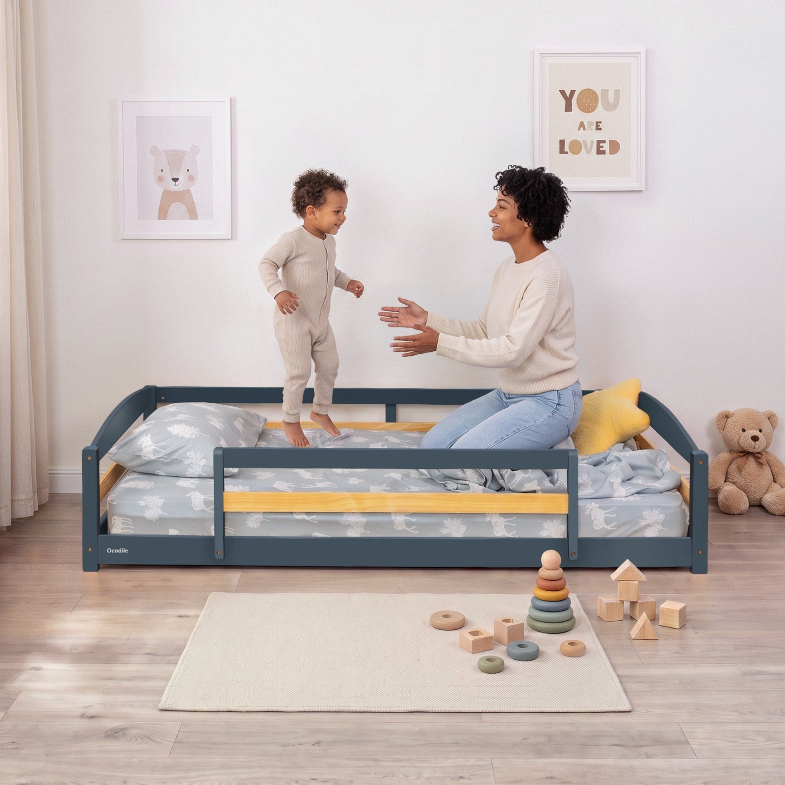 Twin Floor Bed With Safety Guardrails For Kids - Montessori Inspired
