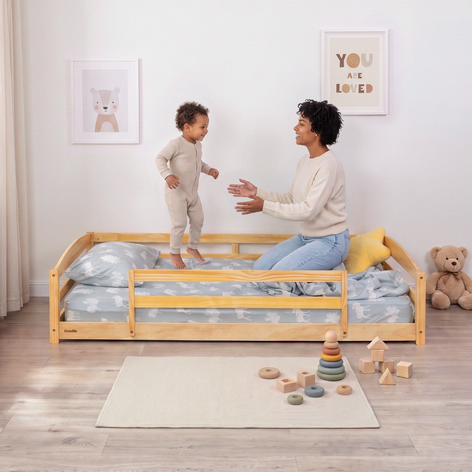 Twin Floor Bed With Safety Guardrails For Kids - Montessori Inspired